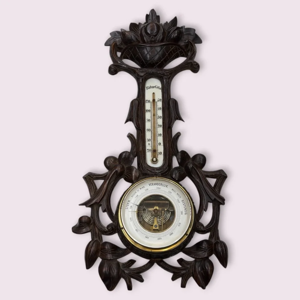 Antique Dutch Carved Wood Barometer Thermometer Weather Station HF Mark Broken